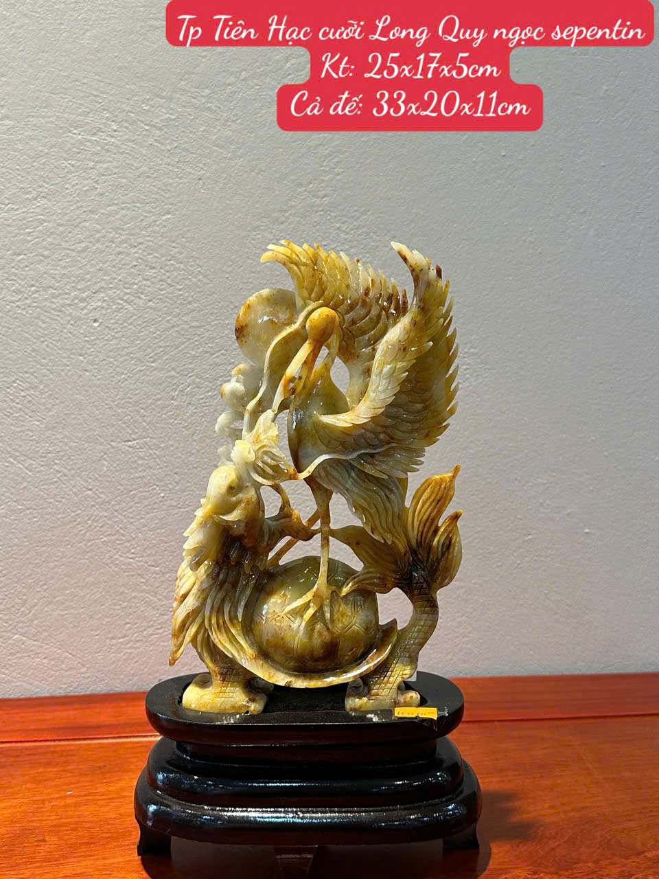 Tiên Hạc cưỡi Long Quy ngọc serpentine – Kiệt tác trường thọ, trấn trạch bảo an và thu hút tài lộc