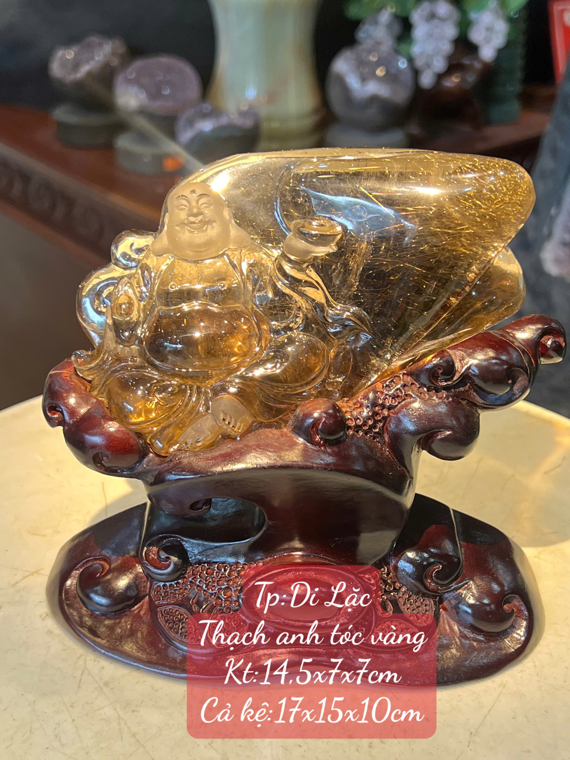 Tượng Phật Di Lặc Thạch Anh Tóc Vàng Hoan Hỷ Biểu Tượng Bình An & Hoan Hỷ Viên Mãn