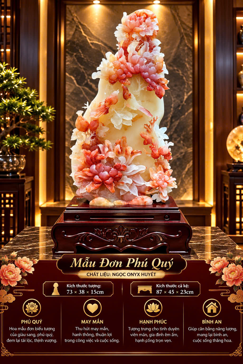 Mẫu Đơn Phú Quý Ngọc Onyx Huyết Kiệt Tác Hoa Khai Tụ Vượng Khí