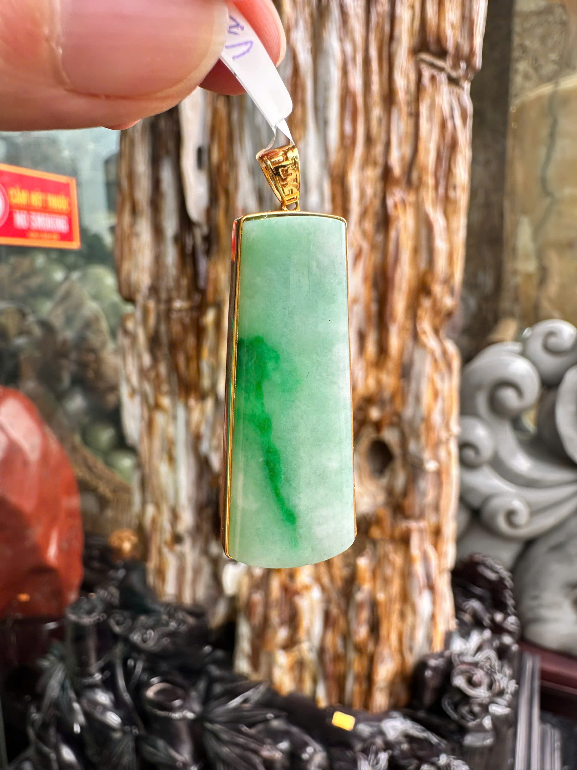 Thẻ Vô Sự Bài Ngọc Phỉ Thúy Móc Vàng 18K Bình An Tự Tại, Phú Quý Trường Tồn