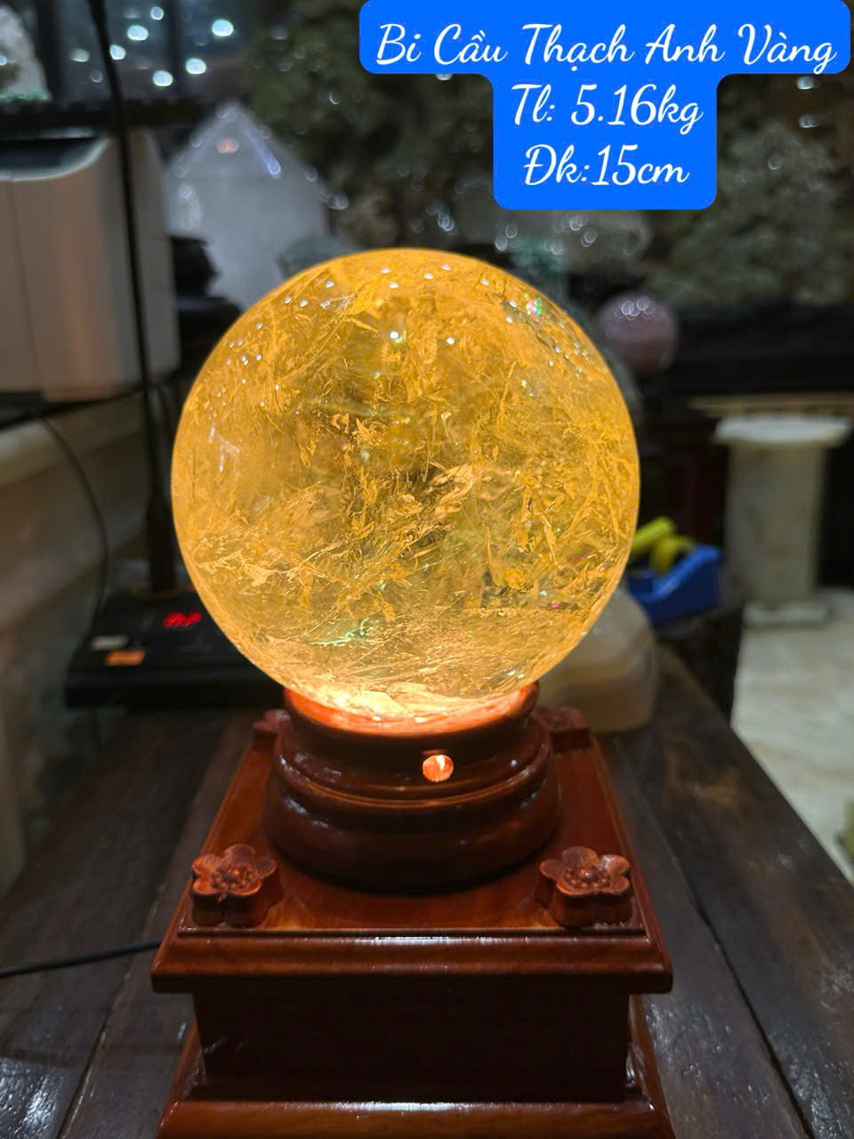 Quả Cầu Thạch Anh Vàng 15cm Hoàng Thạch Tụ Khí, Kích Hoạt Tài Danh