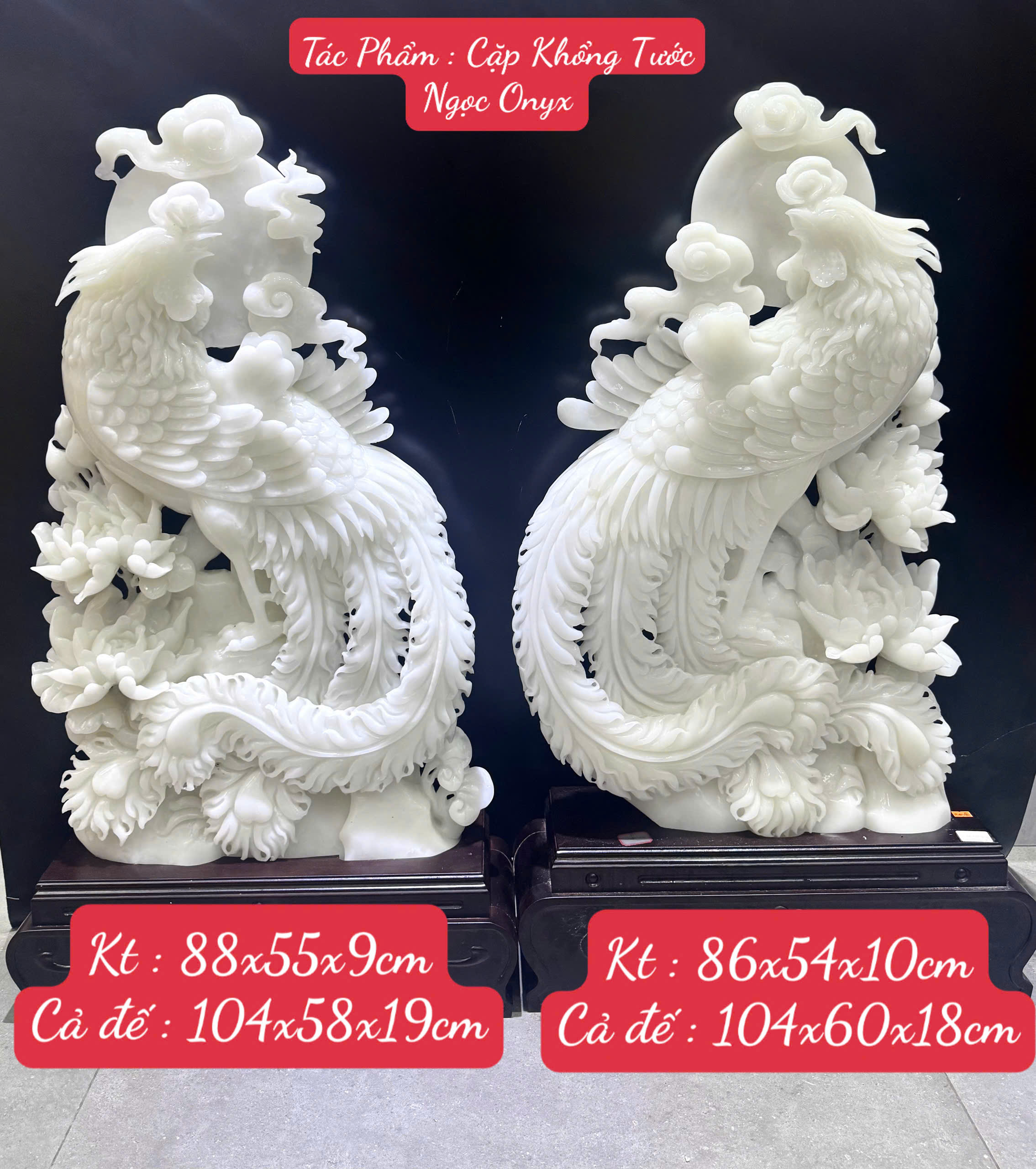 Cặp Khổng Tước Ngọc Onyx Trắng Đại Khối Tuyệt Tác Phú Quý Cát Tường Bảo Tụ Gia Đạo
