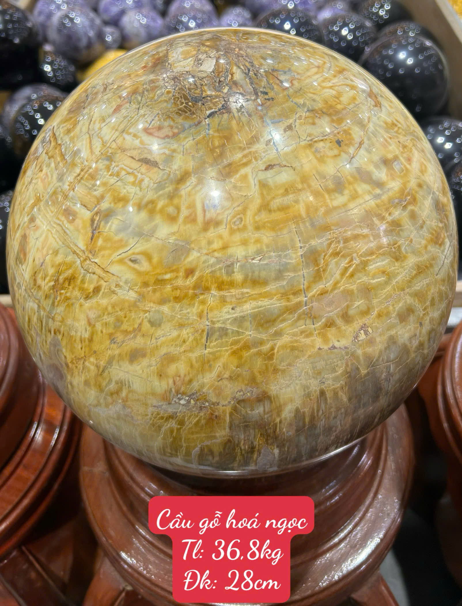 Quả Cầu Gỗ Hóa Ngọc 28cm Mộc Thạch Thần Diệu, Bách Tuế Trấn Bình An
