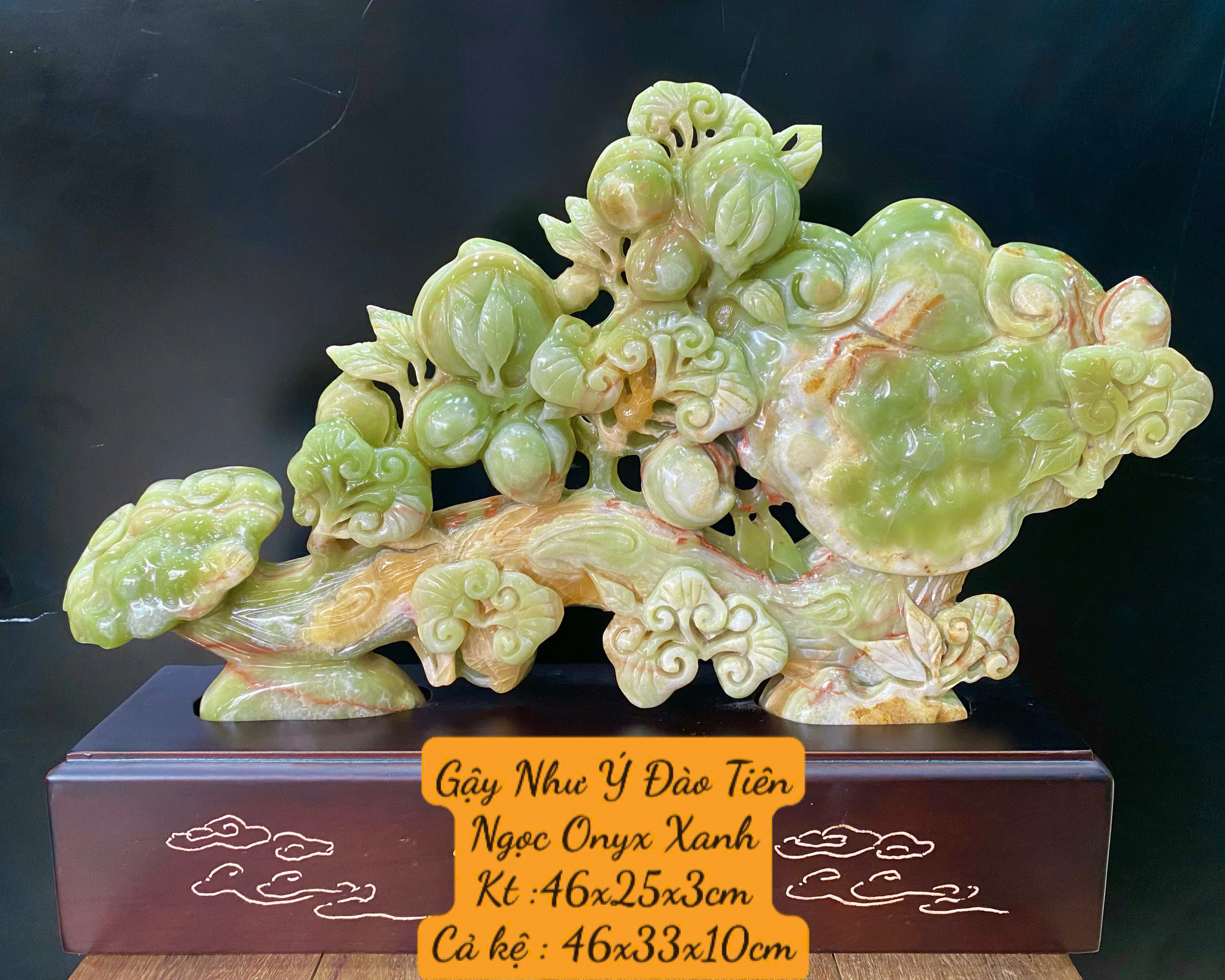Gậy Như Ý Đào Tiên Ngọc Onyx Xanh Vạn Sự Viên Mãn, Trường Thọ Phú Quý