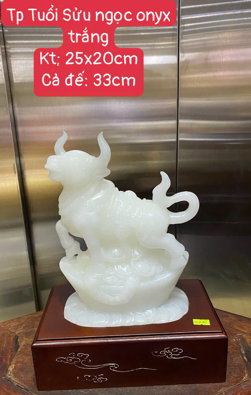 Tượng Trâu (Tuổi Sửu) Ngọc Onyx Trắng Bạch Ngọc Cát Tường – Vững Vàng Cơ Nghiệp – Bứt Phá Tài Vận