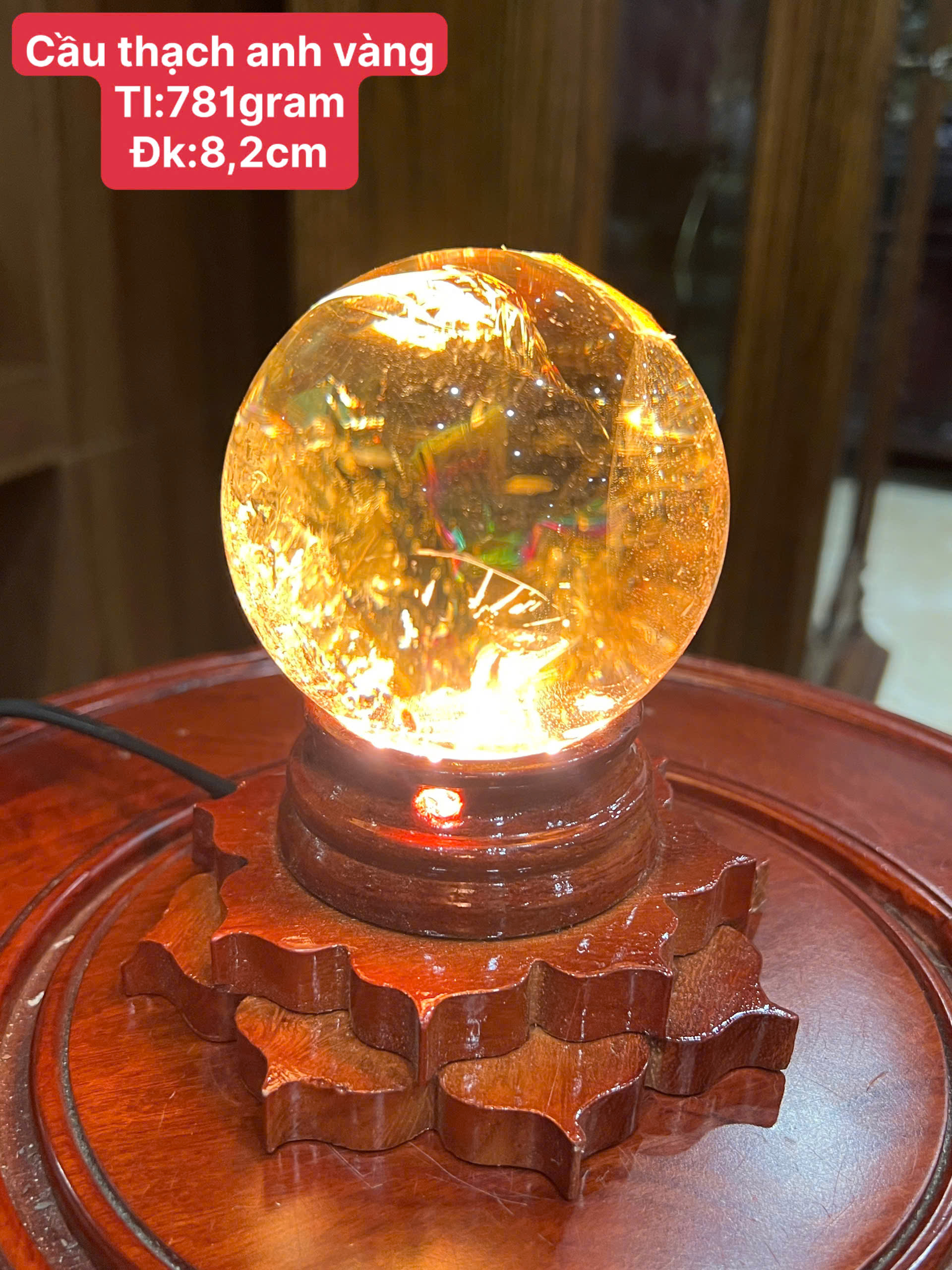 Quả Cầu Thạch Anh Vàng 8.2cm Hoàng Tinh Chiêu Tài, Kích Hoạt Vận May