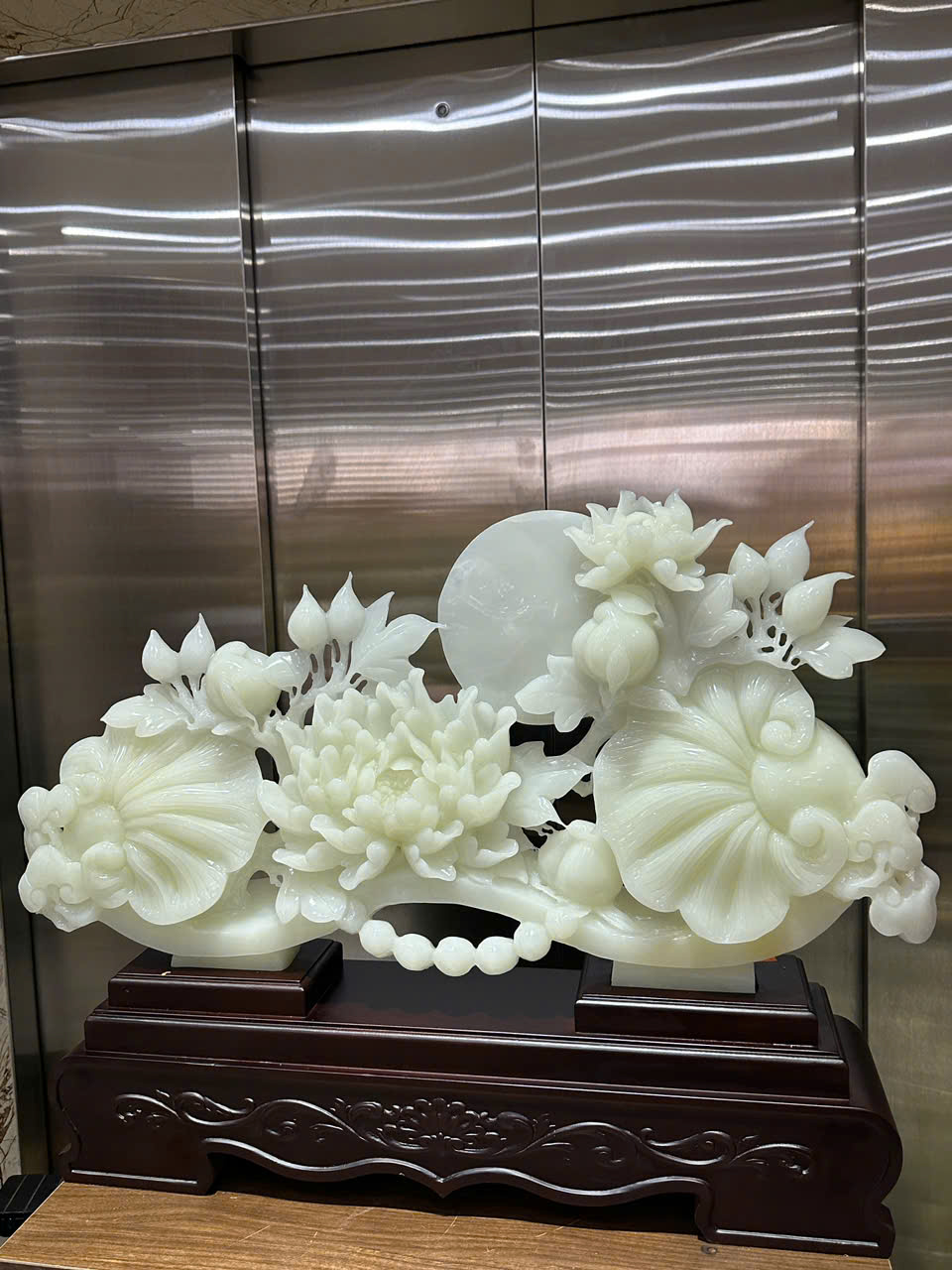 Thanh Gậy Như Ý Hoa Mẫu Đơn Ngọc Onyx Trắng Quyền Lực Vương Giả, Phú Quý Viên Mãn