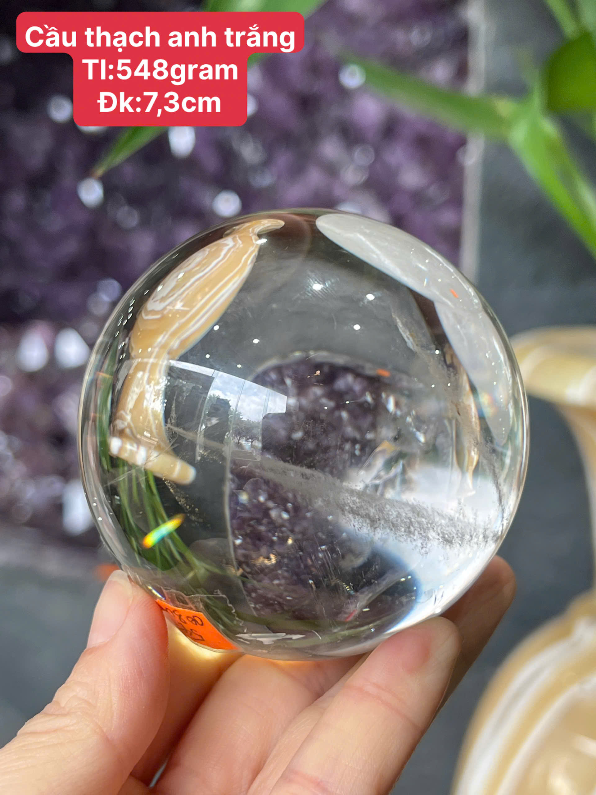 Quả Cầu Thạch Anh Trắng 7.3cm Băng Tinh Thanh Khiết, Khai Sáng Tâm Trí