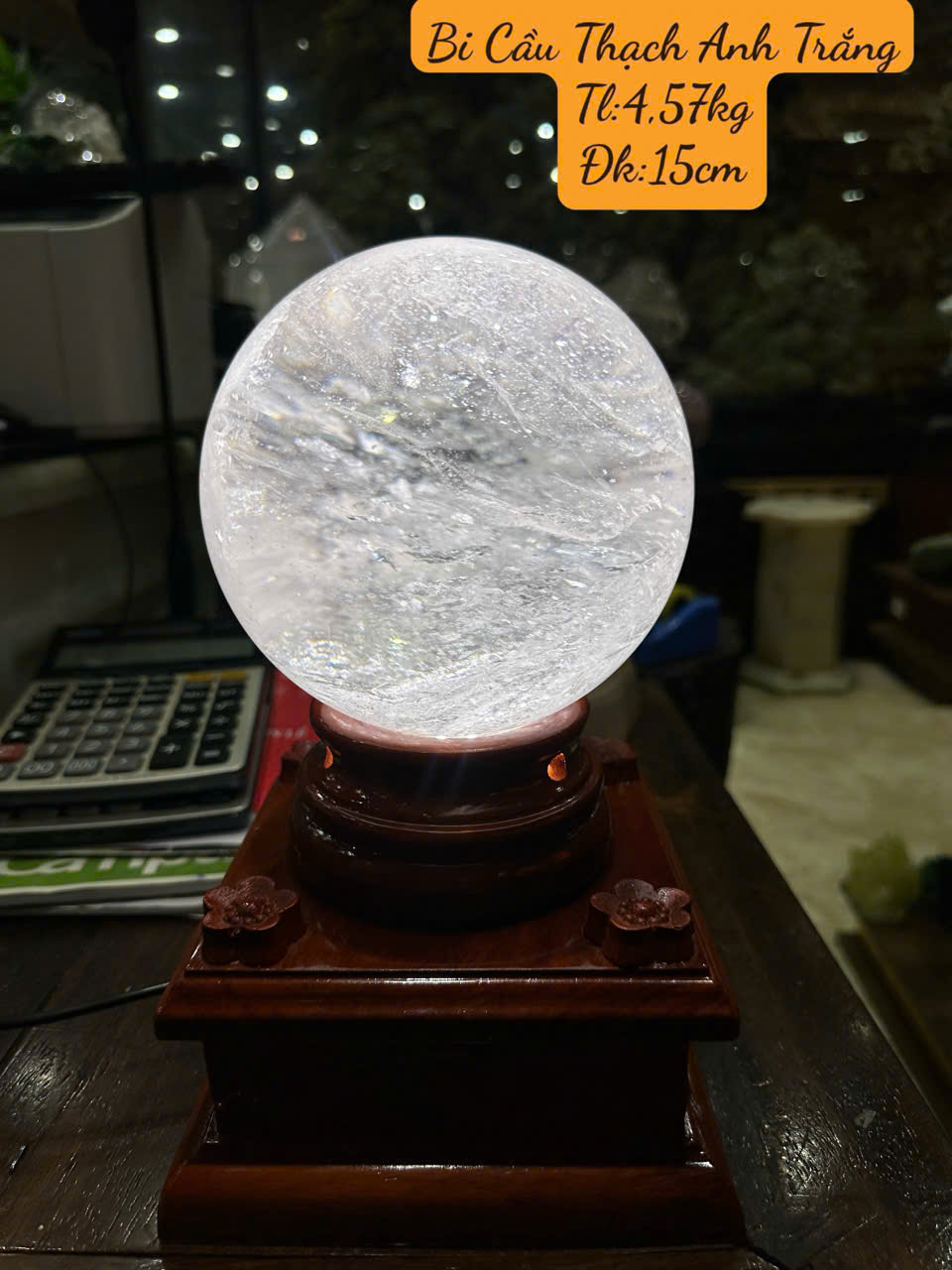 Bi Cầu Thạch Anh Trắng 15cm Tinh Hoa Trầm Tích, Khai Thông Trí Tuệ