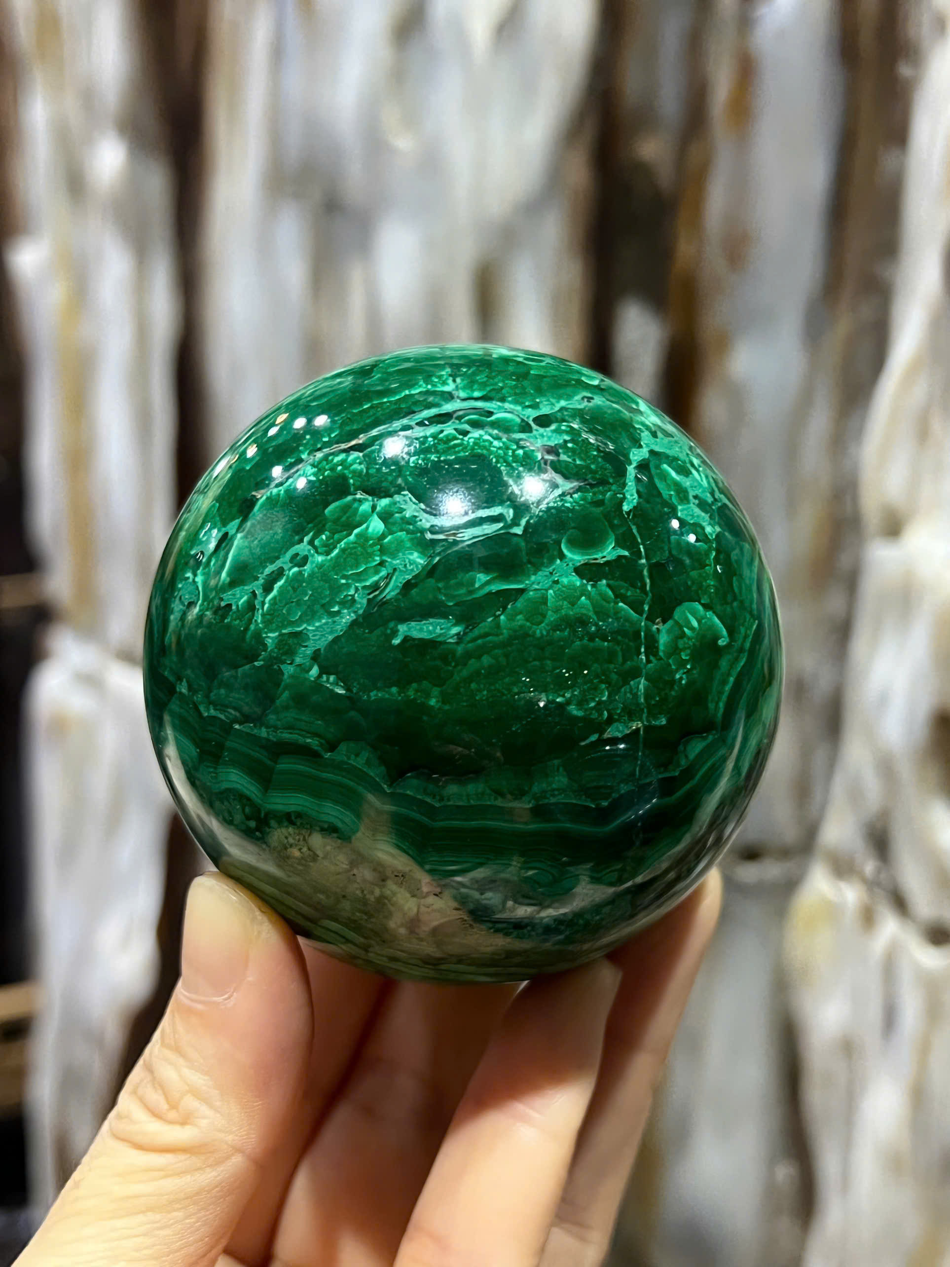 Quả Cầu Ngọc Khổng Tước (Malachite) 7cm Quyền Quý Nhỏ Gọn, Hộ Thân Chiêu Tài