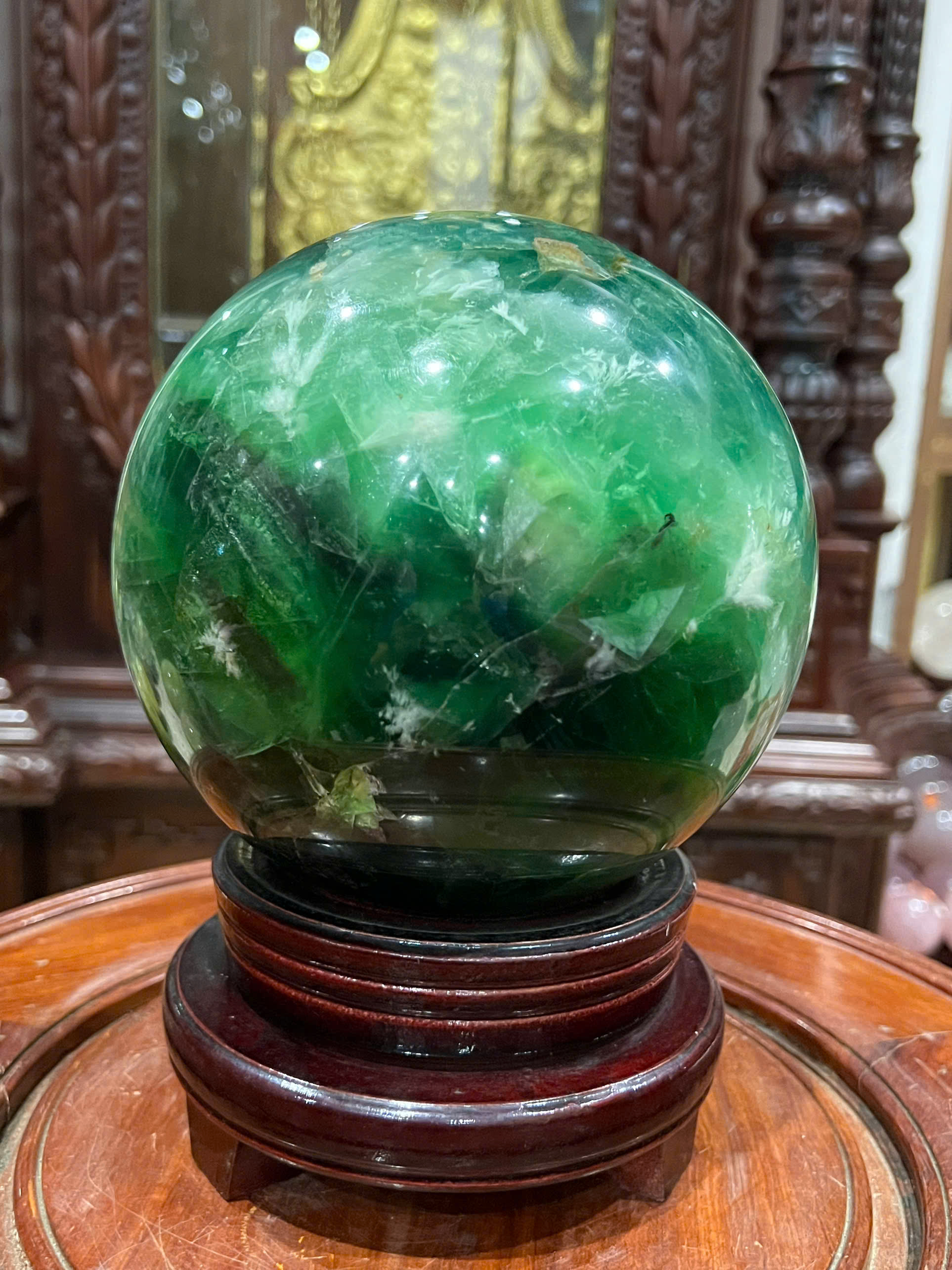 Quả Cầu Đá Fluorite Tinh Thể Tuyết Hoa 16cm Vũ Điệu Băng Tinh, Thăng Hoa Trí Tuệ