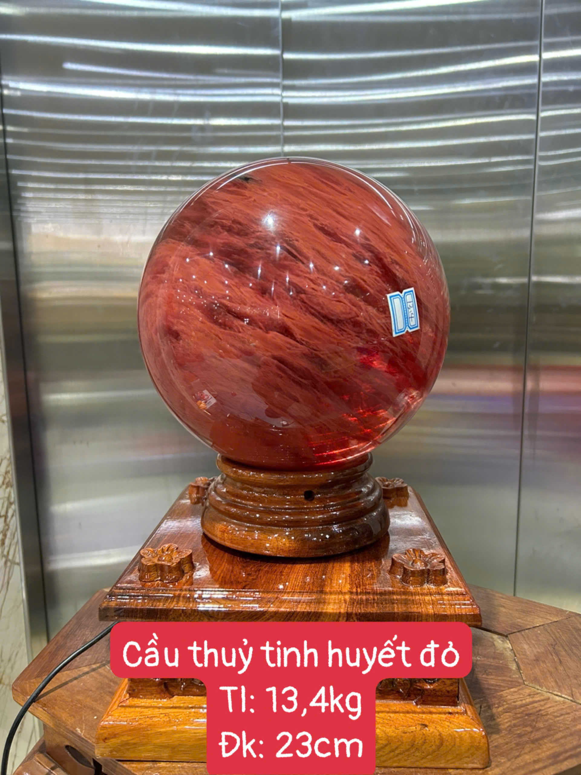 Quả Cầu Obsidian Thủy Tinh Đỏ 23cm Hỏa Vân Trấn Trạch, Khơi Thông Tài Lộc