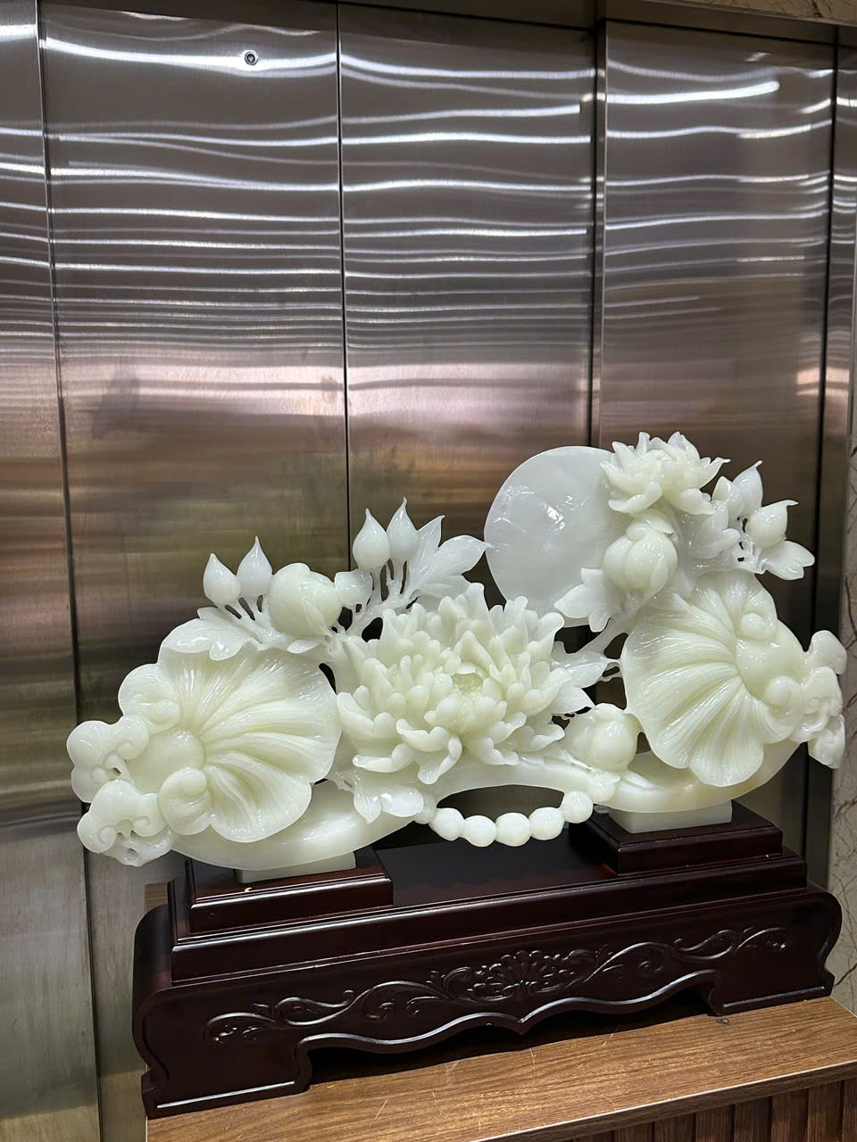 Thanh Gậy Như Ý Hoa Mẫu Đơn Ngọc Onyx Trắng Quyền Lực Vương Giả, Phú Quý Viên Mãn