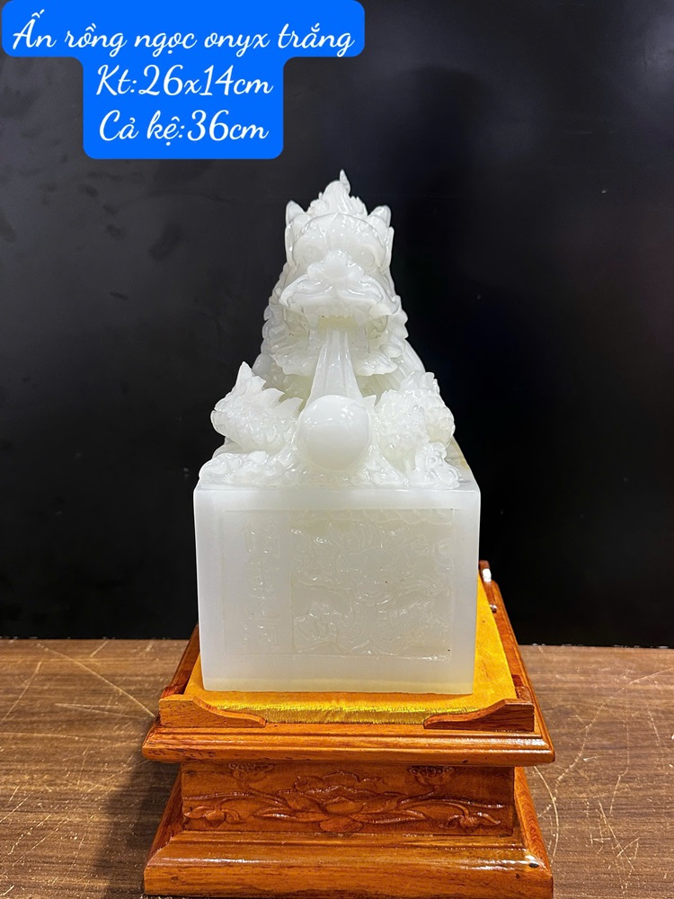 Ấn rồng ngọc onyx trắng vuông 26x14cm