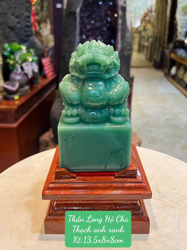 Ấn Thần Long Hộ Chủ Thạch Anh Xanh Vuông 13,5x8x8cm