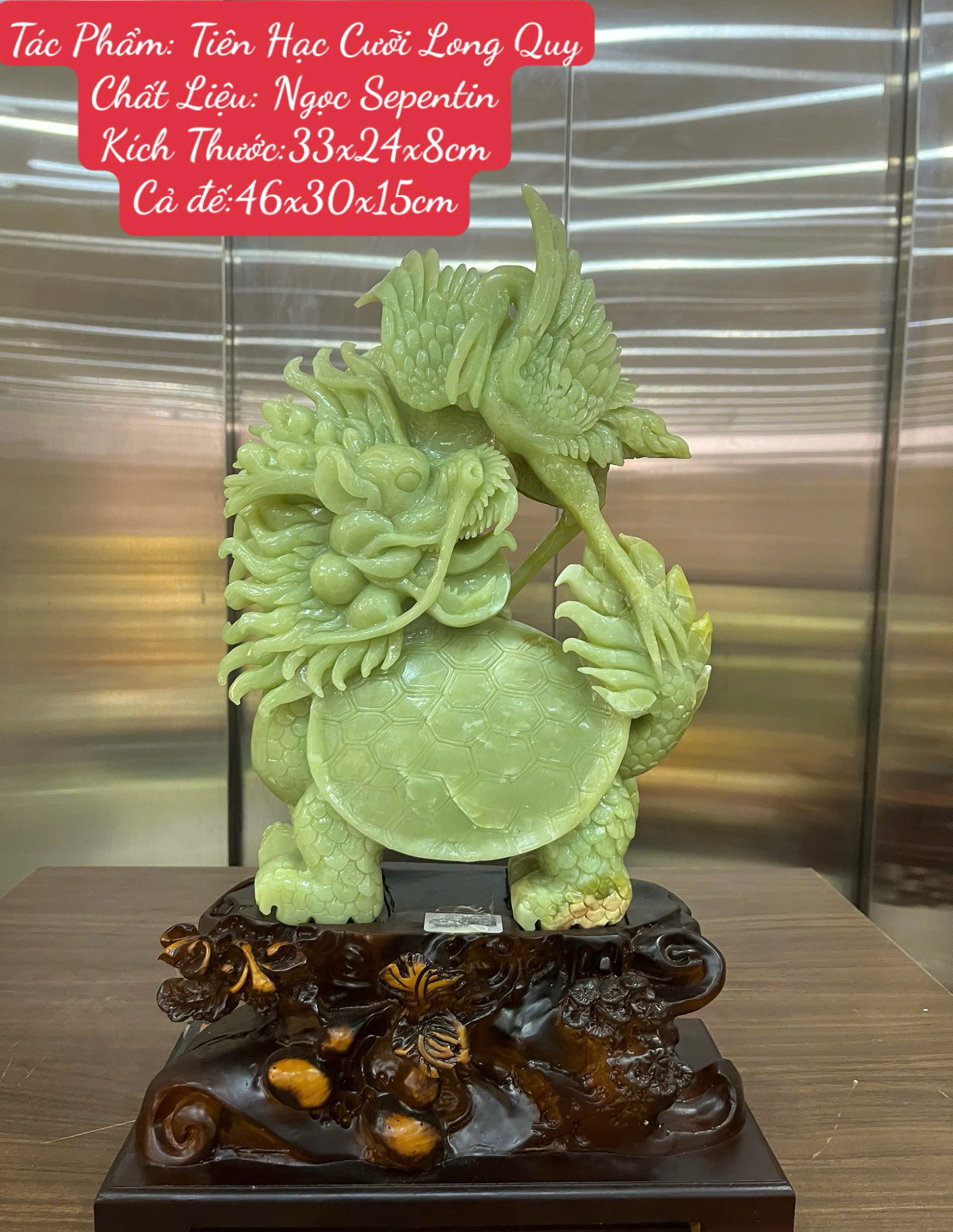 Tiên Hạc Cưỡi Long Quy ngọc serpentine xanh – Kiệt tác trường thọ bách niên