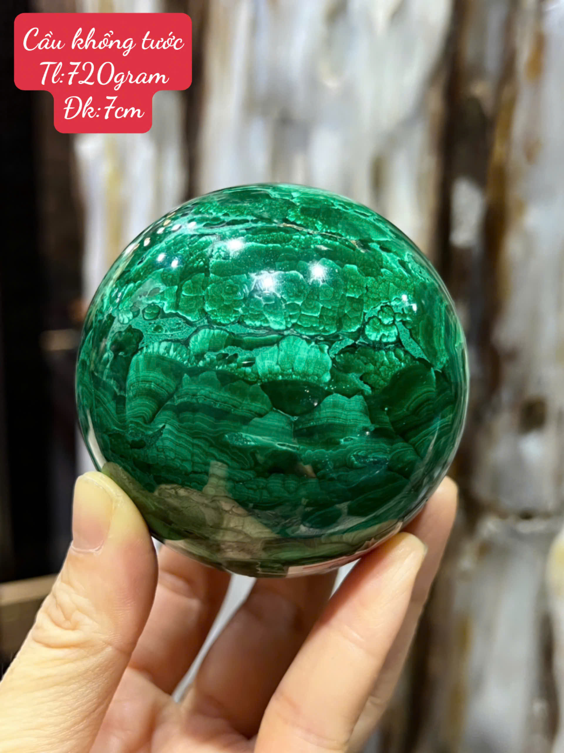 Quả Cầu Ngọc Khổng Tước (Malachite) 7cm Quyền Quý Nhỏ Gọn, Hộ Thân Chiêu Tài