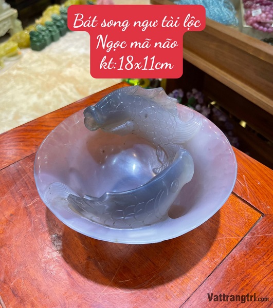 Bát song ngư tài lộc Ngọc mã não 18cm