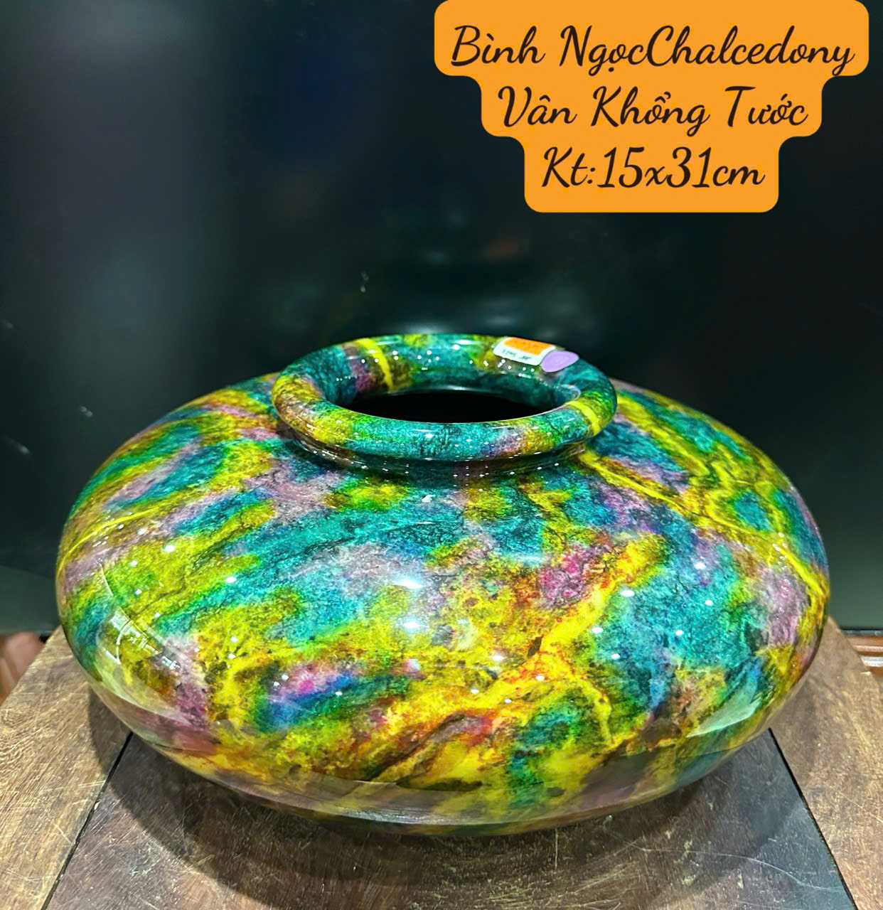 Bình Hút Lộc Ngọc Chalcedony Vân Khổng Tước 15cm