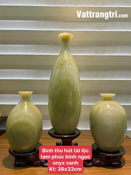 Hút tài lộc tam phúc bình ngọc onyx xanh 38cm