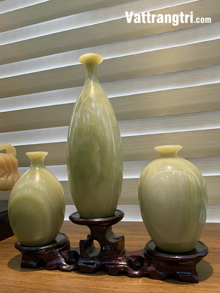 Hút tài lộc tam phúc bình ngọc onyx xanh 38cm