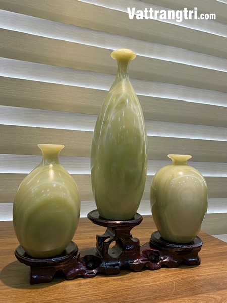 Hút tài lộc tam phúc bình ngọc onyx xanh 38cm