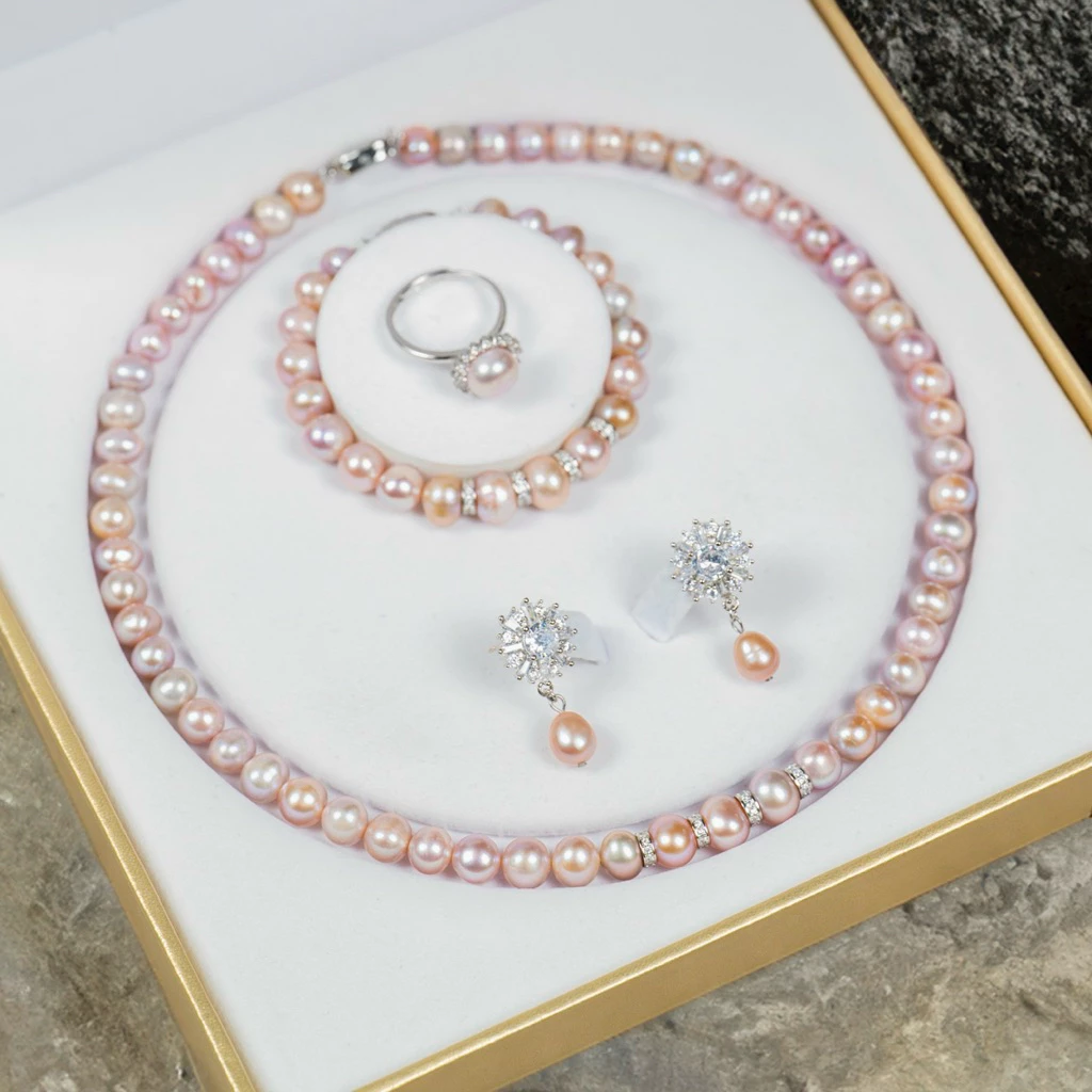 Bộ Trang Sức Ngọc Trai Màu Hồng Phấn Charm Bạc 925 Sang Trọng Làm Quà Tăng, Dự Tiệc