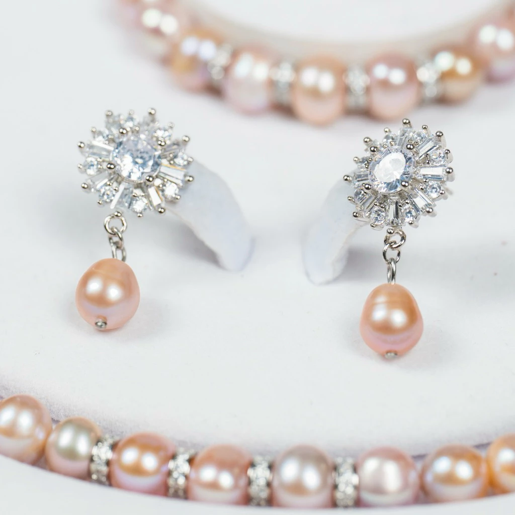 Bộ Trang Sức Ngọc Trai Màu Hồng Phấn Charm Bạc 925 Sang Trọng Làm Quà Tăng, Dự Tiệc