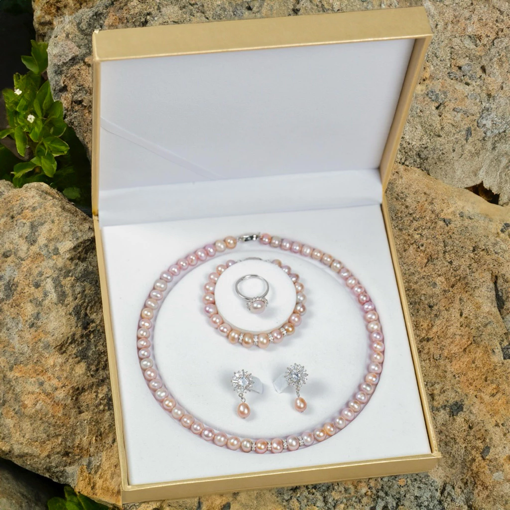 Bộ Trang Sức Ngọc Trai Màu Hồng Phấn Charm Bạc 925 Sang Trọng Làm Quà Tăng, Dự Tiệc