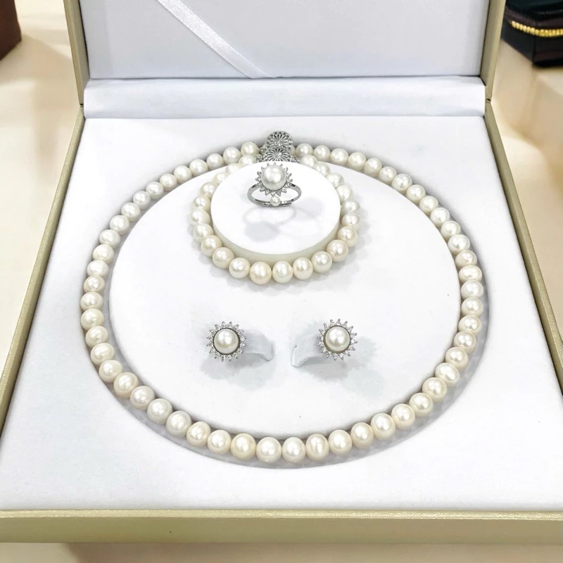 Bộ Trang Sức Ngọc Trai Quà Tặng 4 Món Màu Trắng 8ly