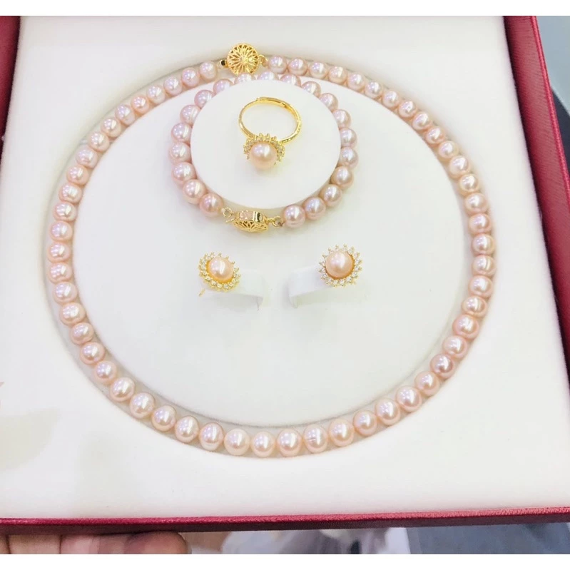 Bộ Trang Sức Ngọc Trai Quà Tặng 4 Món Màu Trắng 8ly