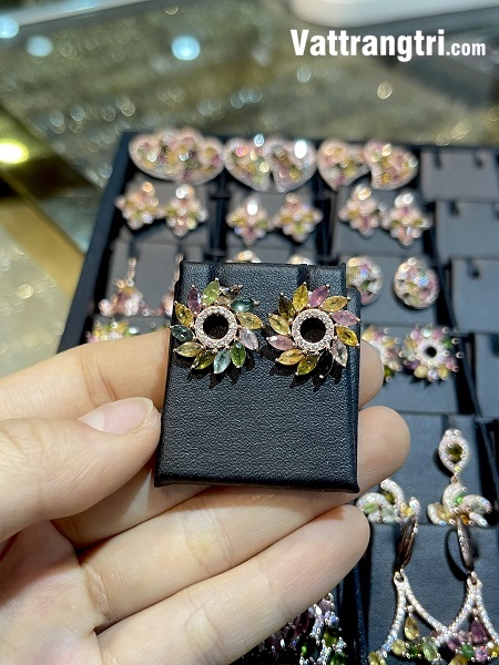 Bông tai đá tourmaline đính bạc 925