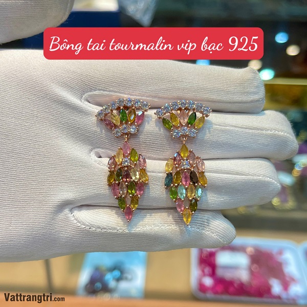 Bông tai đá quý tourmalin vip bạc 925 02