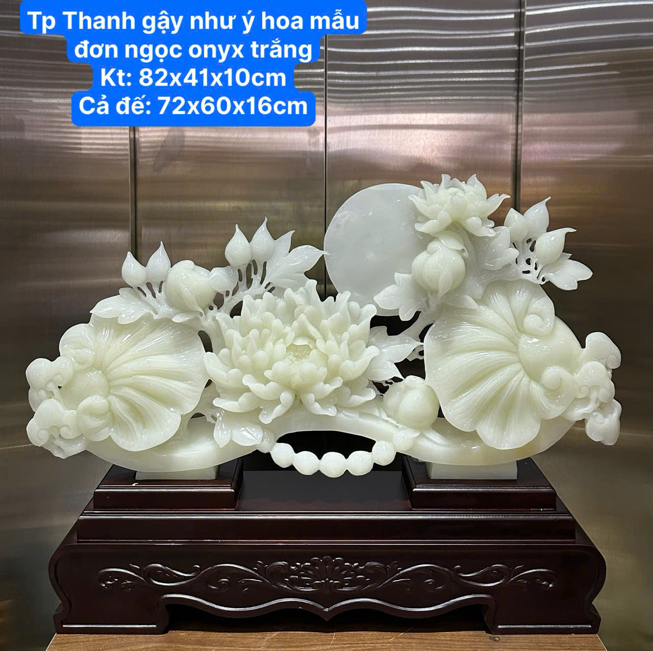 Thanh Gậy Như Ý Hoa Mẫu Đơn Ngọc Onyx Trắng Quyền Lực Vương Giả, Phú Quý Viên Mãn