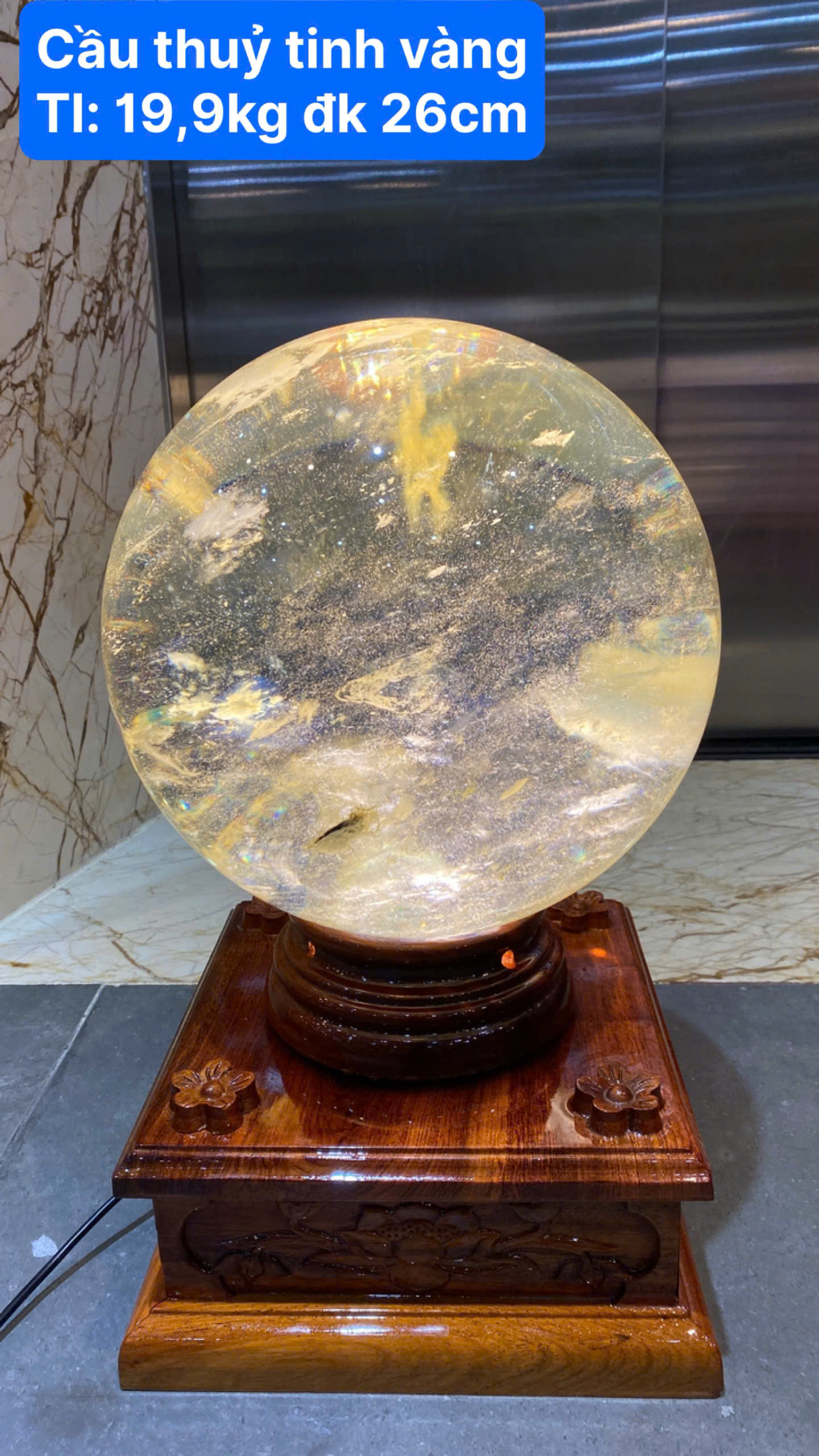 Quả Cầu Obsidian Thủy Tinh Vàng 26cm Minh Triết Hoàng Kim, Uy Vũ Trấn Trạch