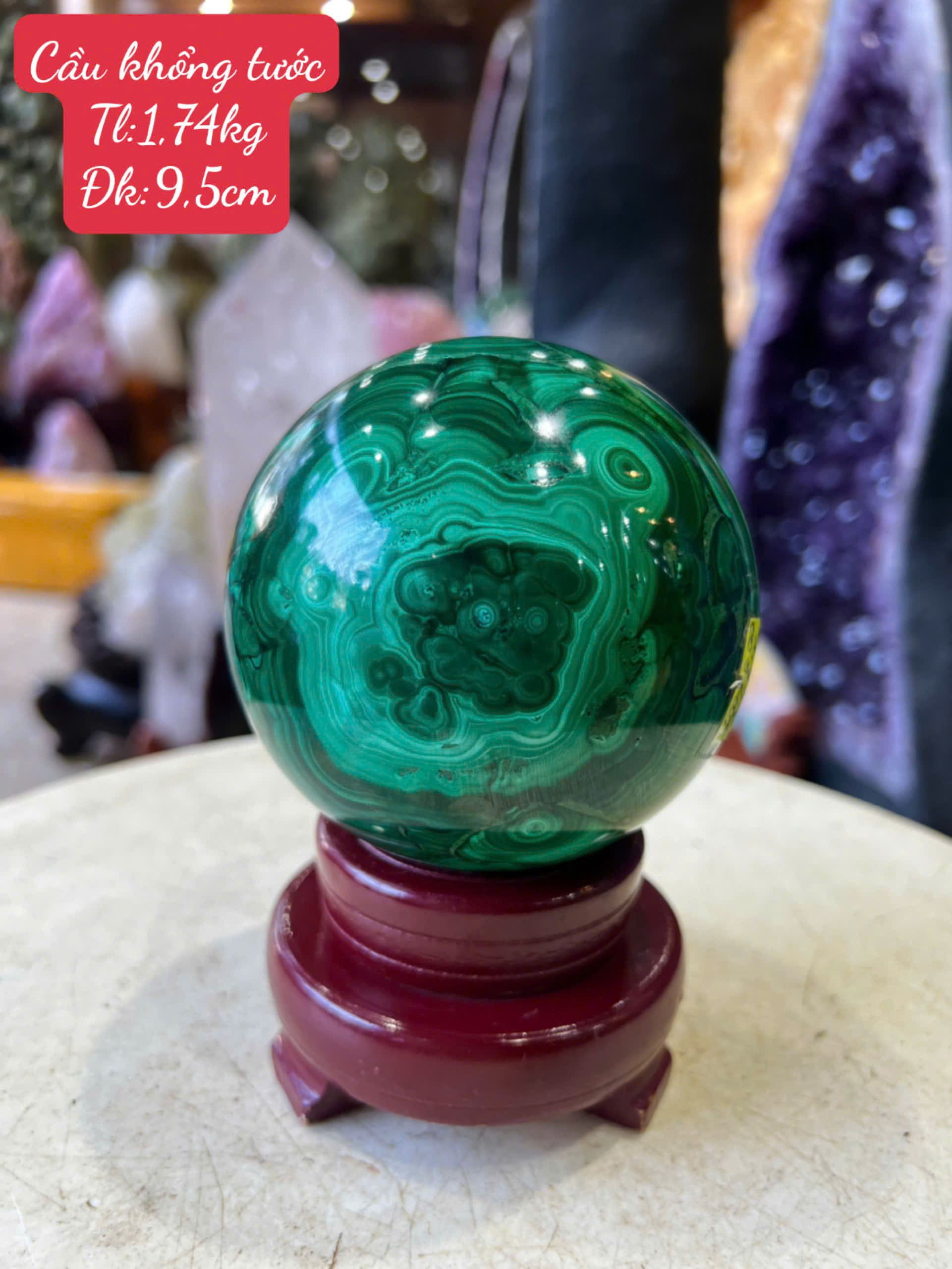 Quả Cầu Ngọc Khổng Tước (Malachite) 9.5cm Sắc Biển Khơi Sang Trọng, Chiêu Tài Tụ Khí