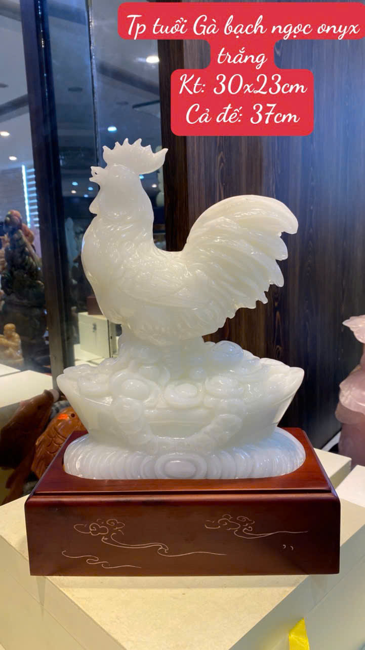 Tượng gà (Tuổi Dậu) Bạch Ngọc Onyx Trắng Bạch Ngọc Cát Tường – Đại Cát Đại Lợi – Trấn Diệt Tiểu Nhân