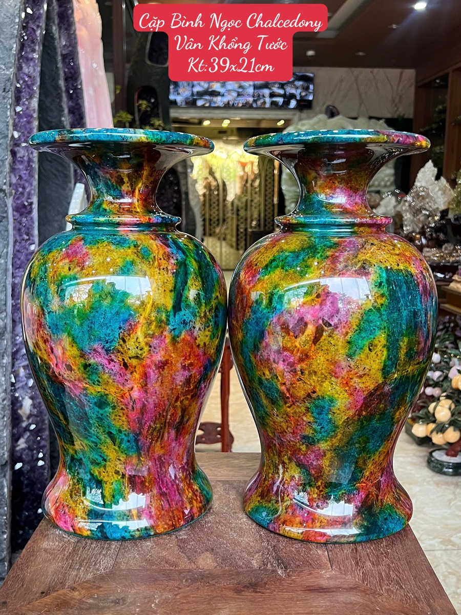Cặp Bình Hút Lộc Ngọc Chalcedony Vân Khổng Tước 39cm