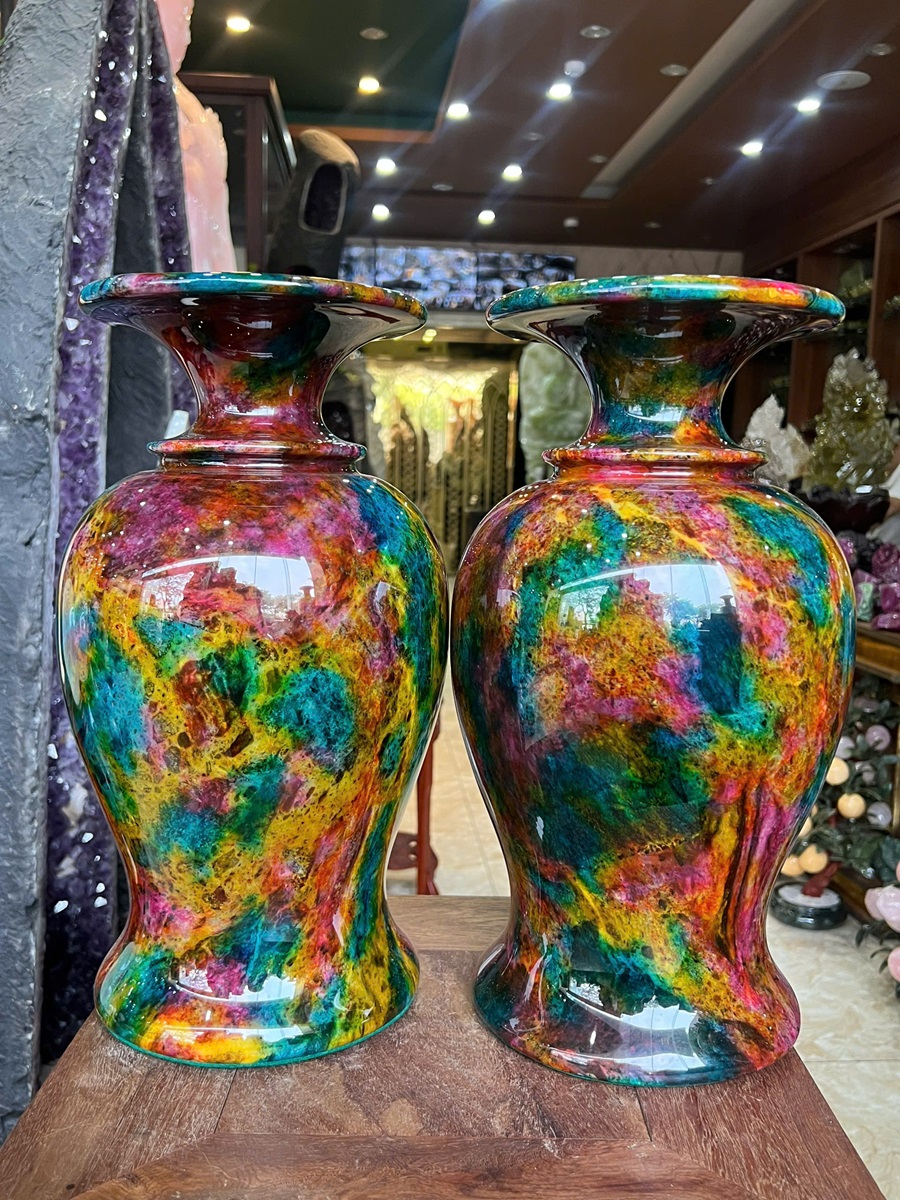 Cặp Bình Hút Lộc Ngọc Chalcedony Vân Khổng Tước 39cm