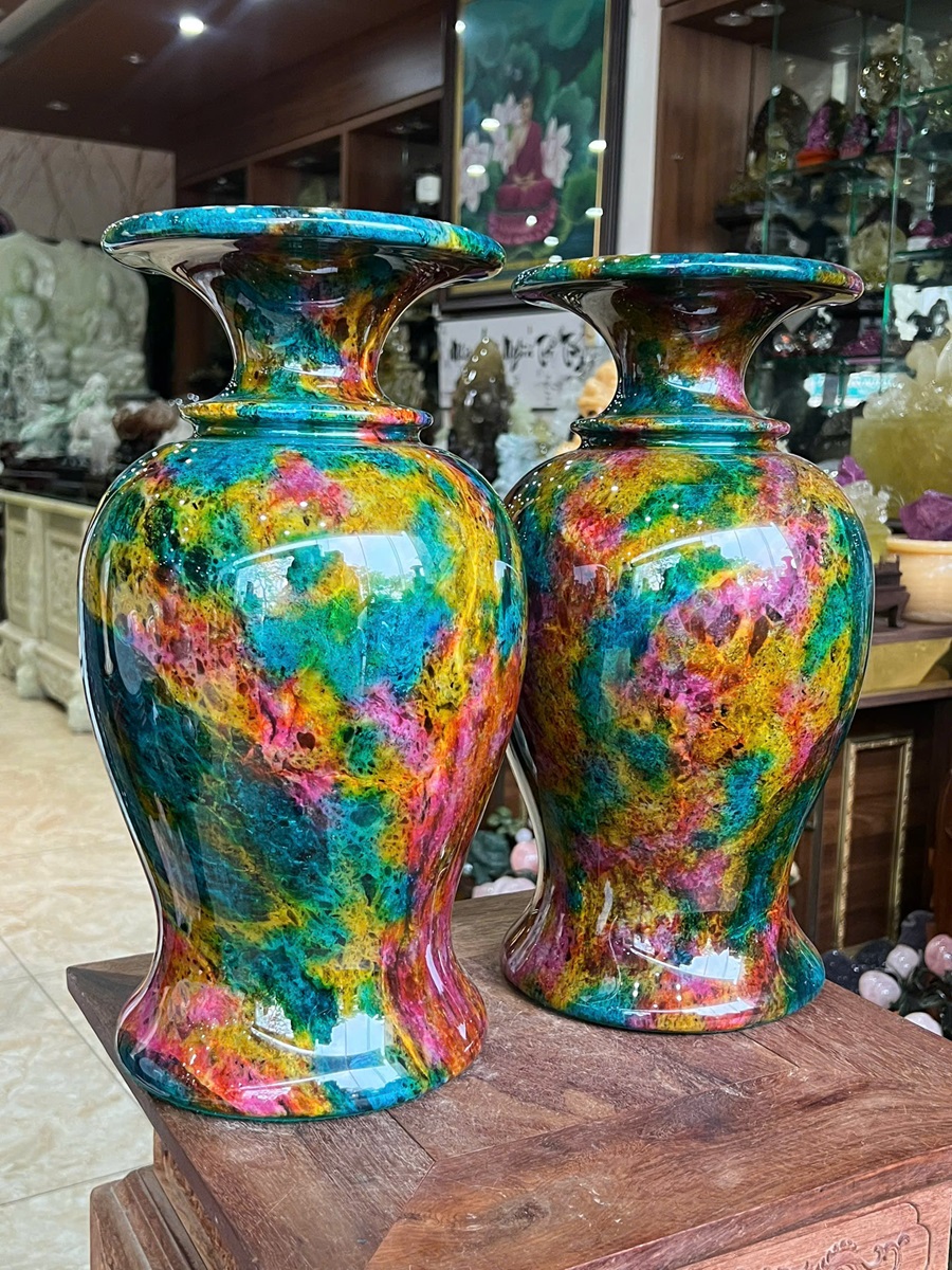 Cặp Bình Hút Lộc Ngọc Chalcedony Vân Khổng Tước 39cm