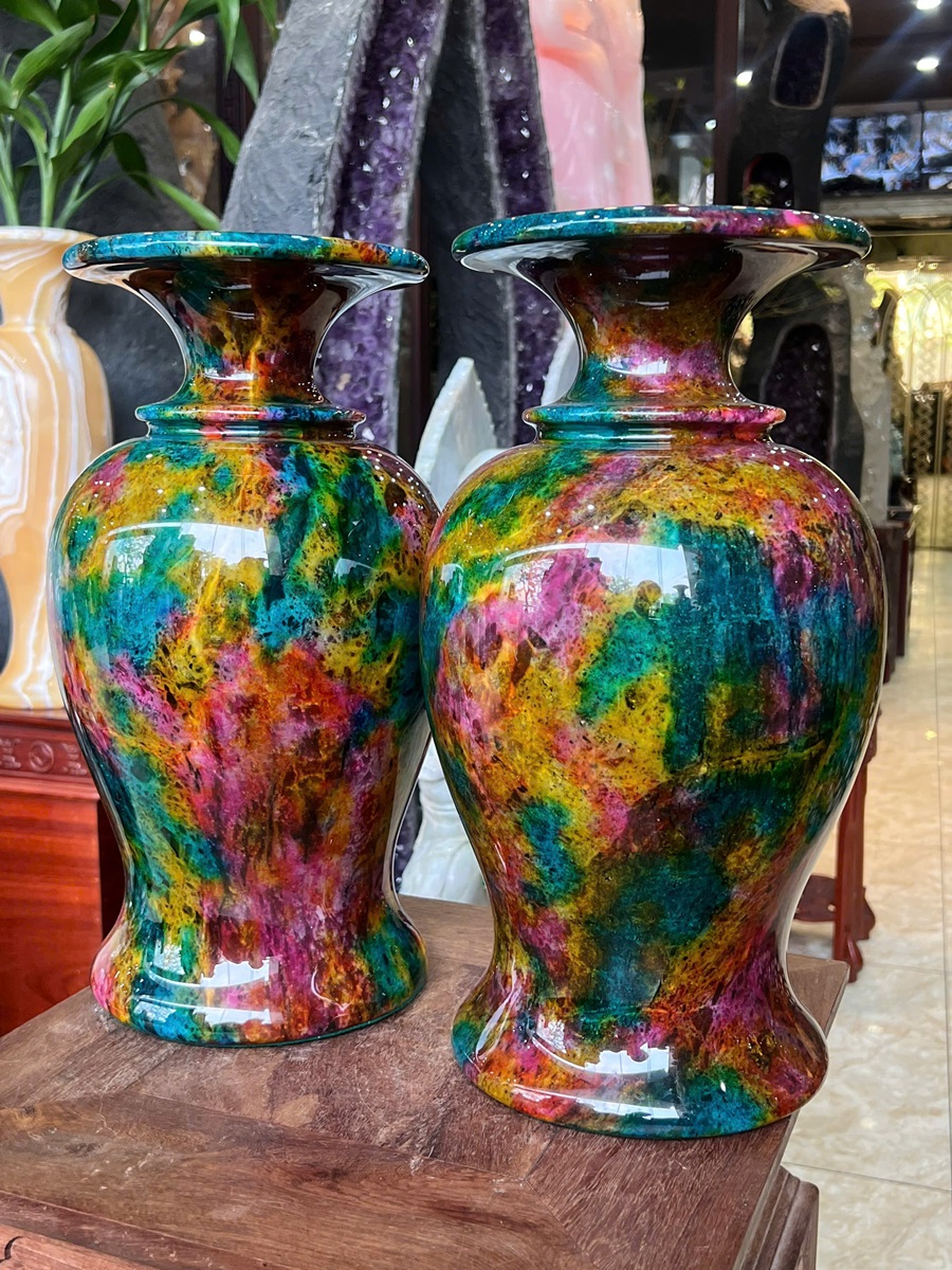 Cặp Bình Hút Lộc Ngọc Chalcedony Vân Khổng Tước 39cm