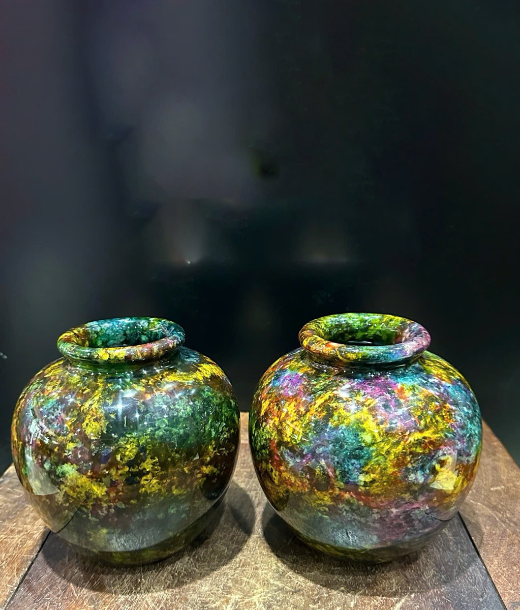 Cặp Bình Ngọc Chalcedony Vân Khổng Tước 13cm