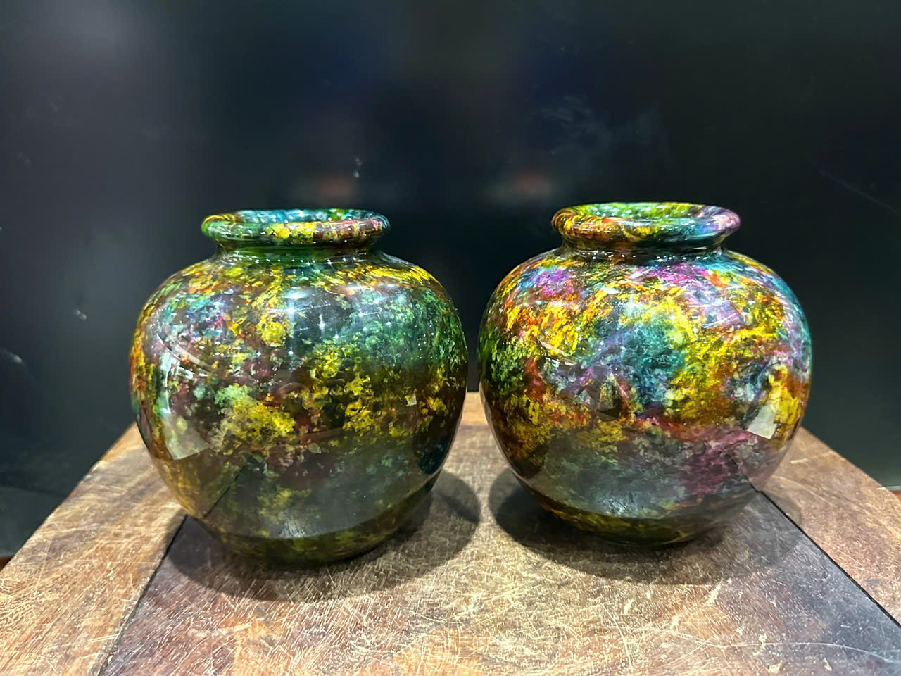 Cặp Bình Ngọc Chalcedony Vân Khổng Tước 13cm