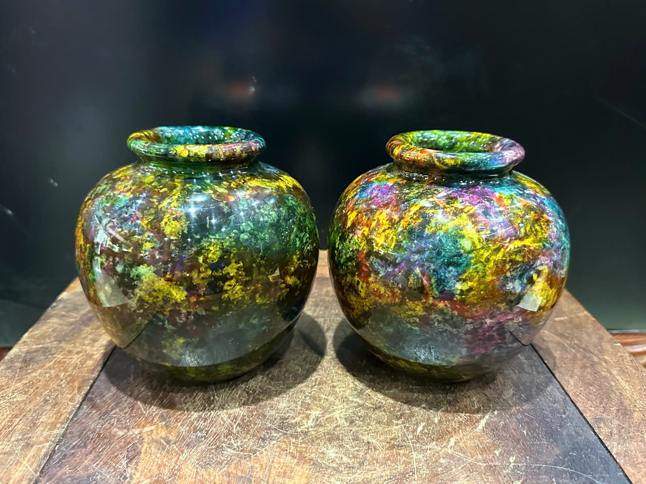 Cặp Bình Ngọc Chalcedony Vân Khổng Tước 13cm