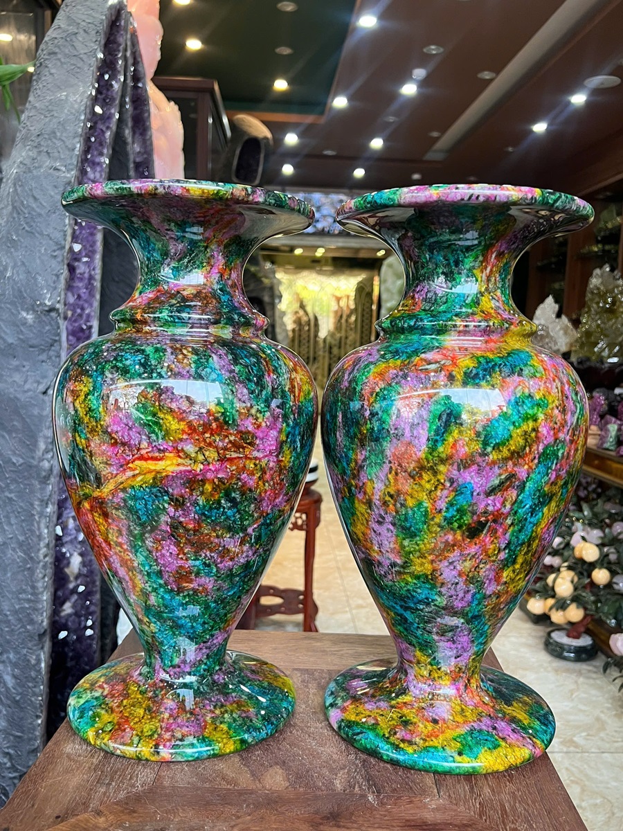 Cặp Bình Ngọc Chalcedony Vân Khổng Tước 41cm