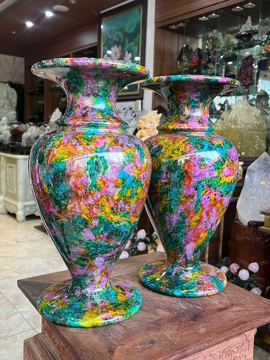 Cặp Bình Ngọc Chalcedony Vân Khổng Tước 41cm