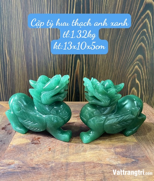Cặp Linh vật tỳ hưu đá thạch anh xanh 13m