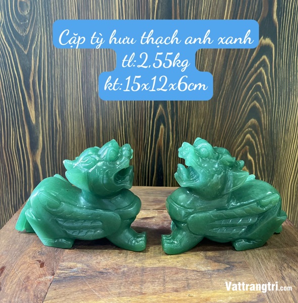 Cặp Linh vật tỳ hưu đá thạch anh xanh 15m