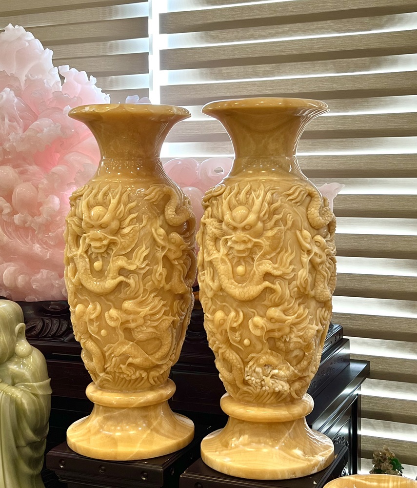 Cặp lục bình chạm cửu long ngọc hoàng long 80cm