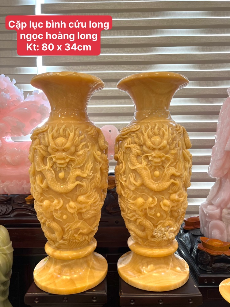 Cặp lục bình chạm cửu long ngọc hoàng long 80cm